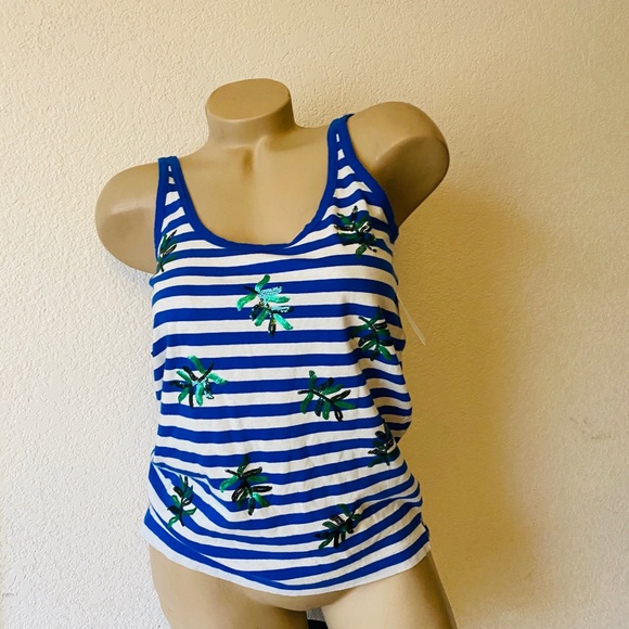 J Crew Palm Sequin Top Blue White Striped XXS NWT - Picture 3 of 4